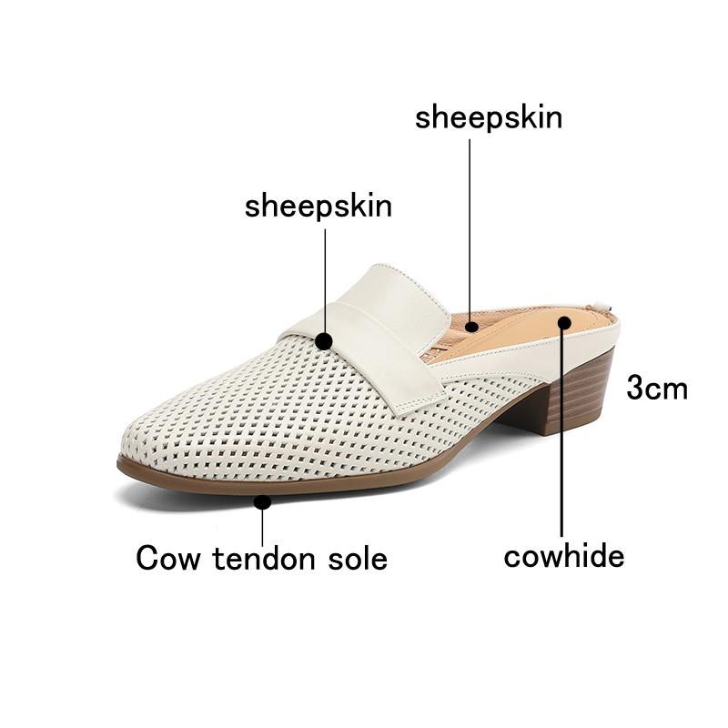 Fashion Women's New Summer Genuine Leather Sheepskin Breathable Hole Round Head, Mid Heel, Large Toe, M Ü Ller Slippers