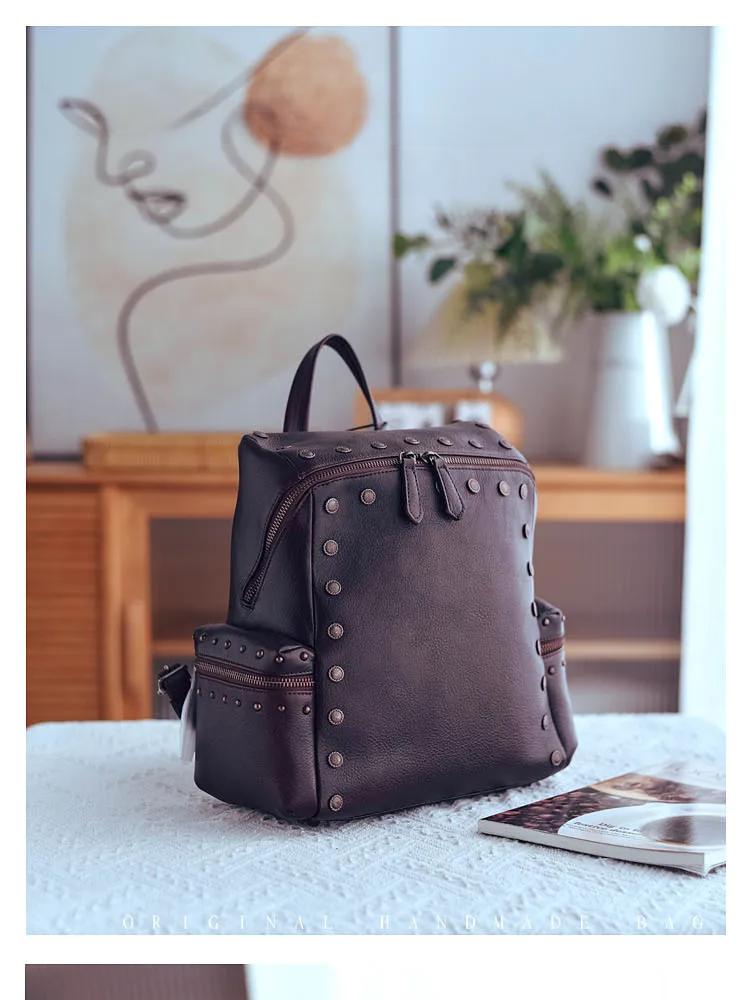 Johnature High Quality Rivet Backpack Retro Genuine Leather Large Capacity Versatile Women's Travel Backpack