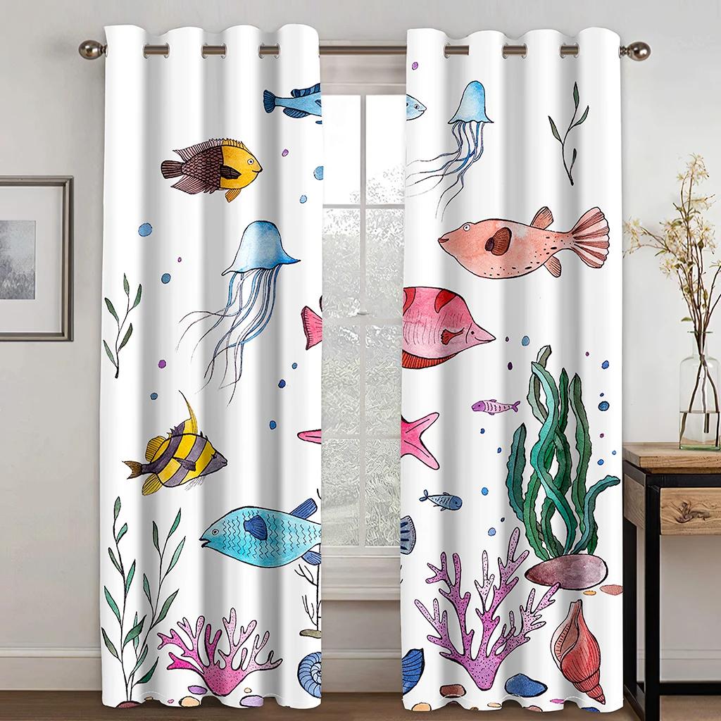 Marine Animal and Plant Theme High Blackout Curtains Shell Pattern Thick Clackout Drape Various Styles Bedroom Home Curtain Hot