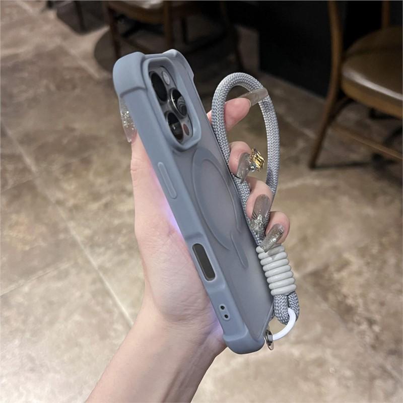 Matte Shockproof Armor For Magsafe Wireless Charge Case for iPhone 16 16E 15 14 Plus 13 12 11 Pro Max Clear Wrist Strap Cover