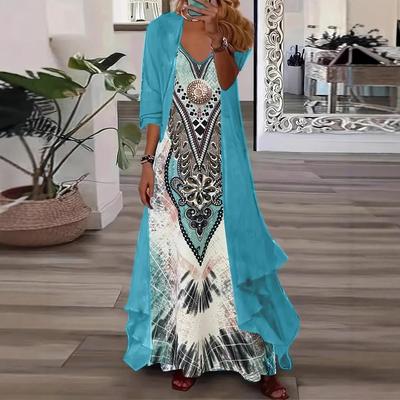 Floral Print Long Sleeve Maxi Dress with Blue Cardigan, Red Shoes, and Bracelet