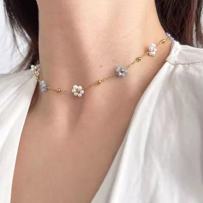 Minimalist Sweet Imitation Pearl Flower Bracelet Necklace Set for Women Hand Bracelets Metal Chain Choker Jewelry Sets