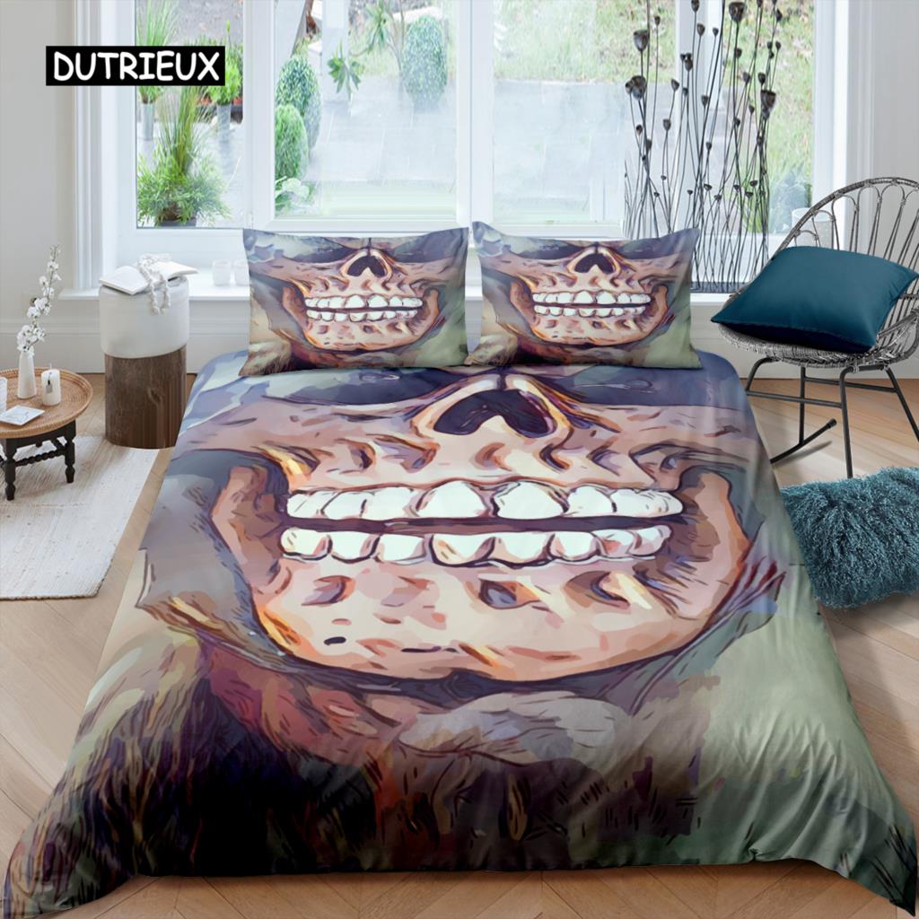 Ložní soupravy Sugar Skull King Krása Polibek Lebka Povlak na přikrývku Ložní souprava Bohémský potisk Černé ložní prádlo Velikost Queen Bedline