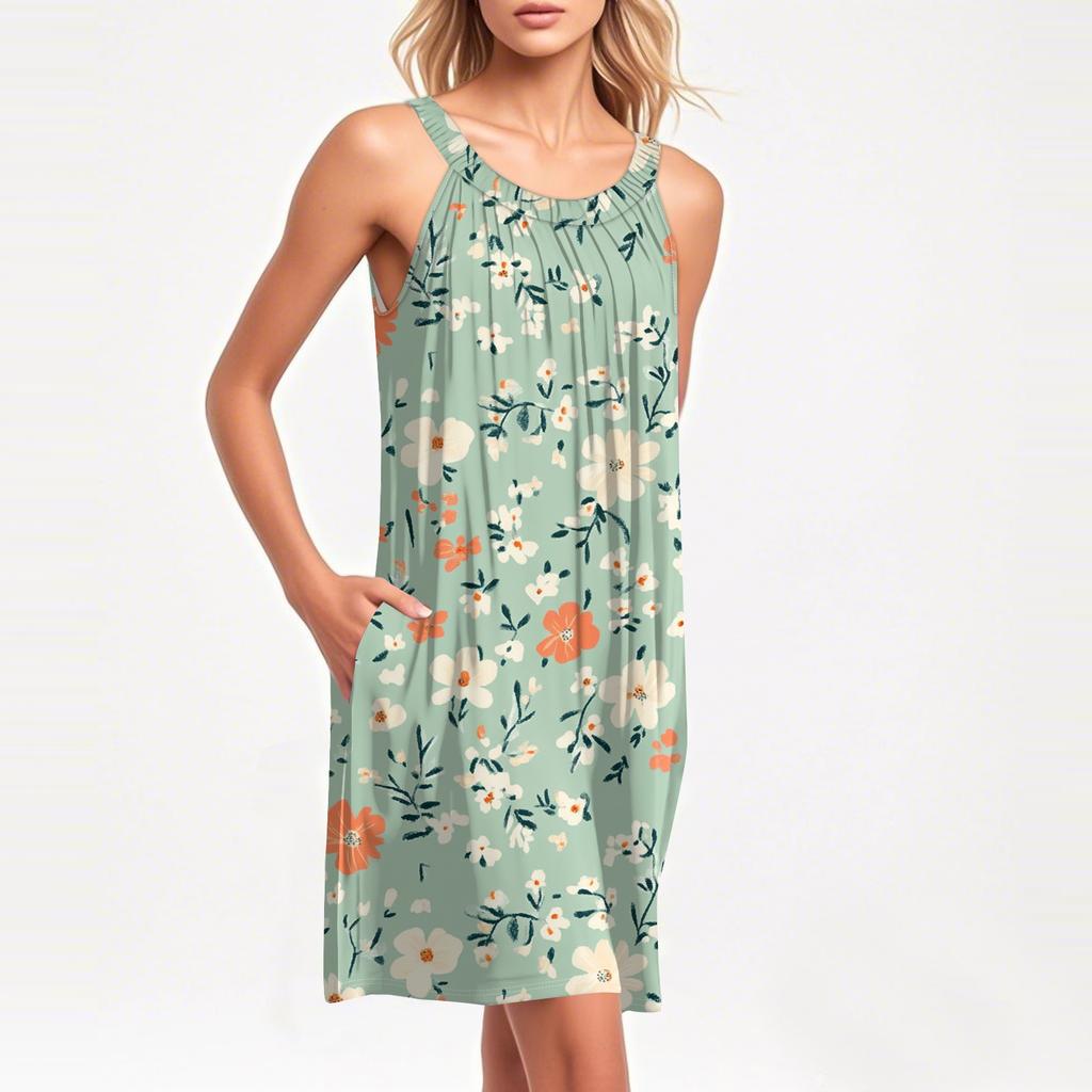 Ladies Fashion Beach Vest Casual Summer Pocket Straps Retro, Floral Dress