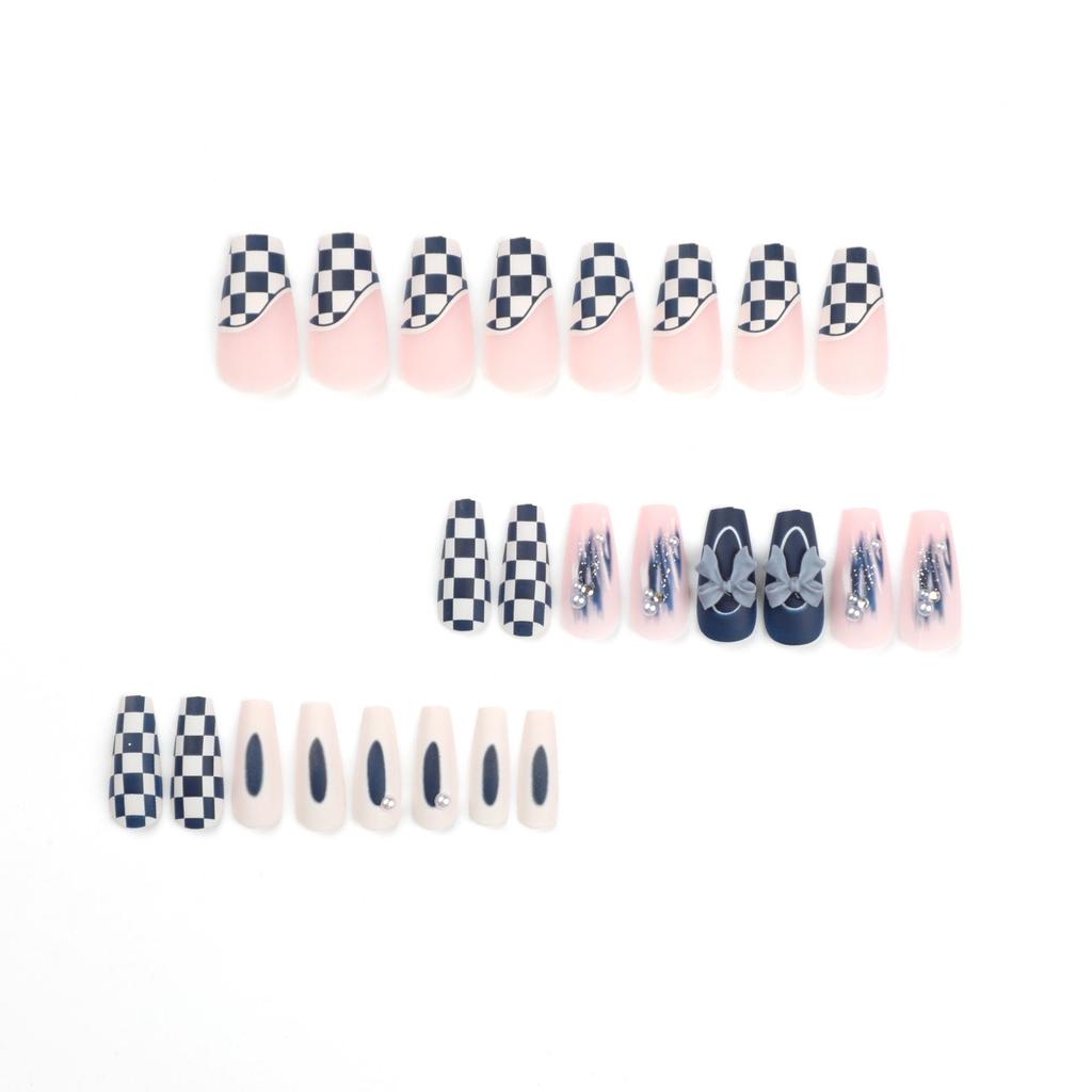 Checkerboard Patchwork Bow Pearl Blue Press-On Nails for Autumn/Winter