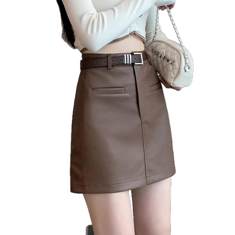 Petite Women's A-Line PU Leather Midi Skirt - High Waist, Hip-Covering, Slimming Bodycon, Sexy Autumn Style