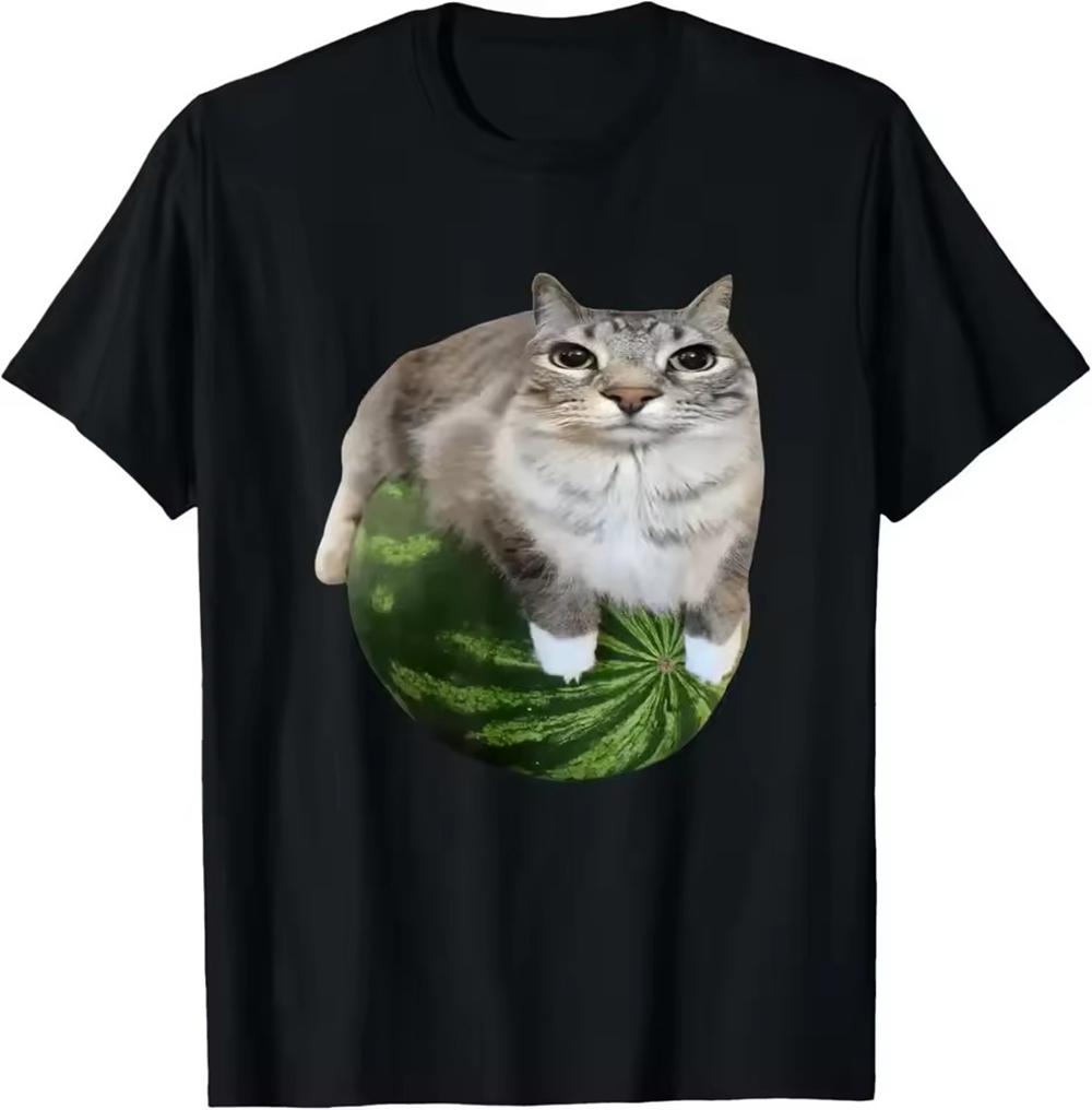 

Watermelon Cat Silly Cat Meme Tee Shirt Homme New in Top Men Clothing short sleeve Round Neck Printing Pullover T-Shirt 50249 S