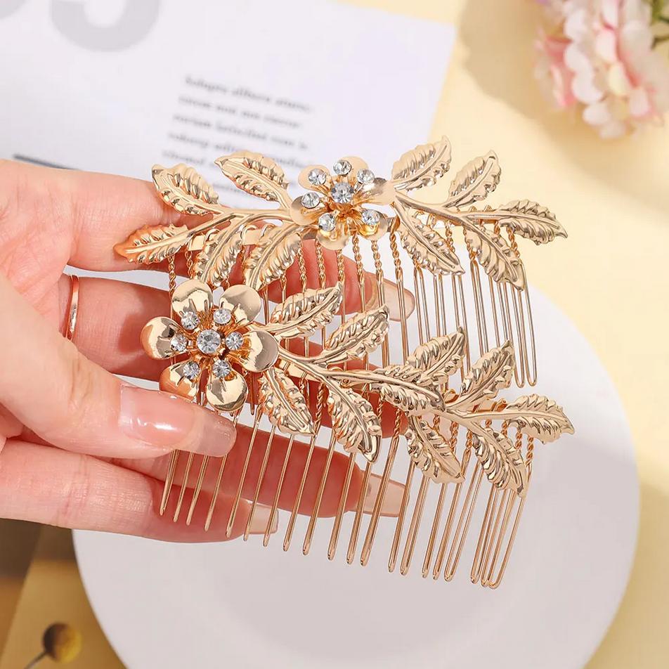 Elegancka ślubna spinka do włosów klamra złoty kolor metalowy liść narzędzia do stylizacji włosów dla kobiet kryształowy grzebień do włosów wsuwka spinka do włosów biżuteria