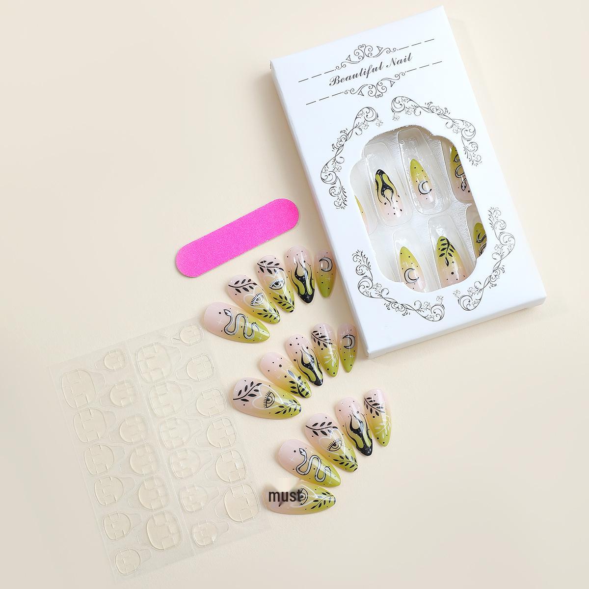 

Green Personality Print French False Nails - Wearable Nail Art Stickers