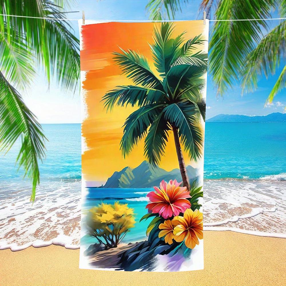 Tropical Hut Coconut Tree Print Beach Towel, Oversized Sandproof Towel for Adults Swimming Pool Camping Use