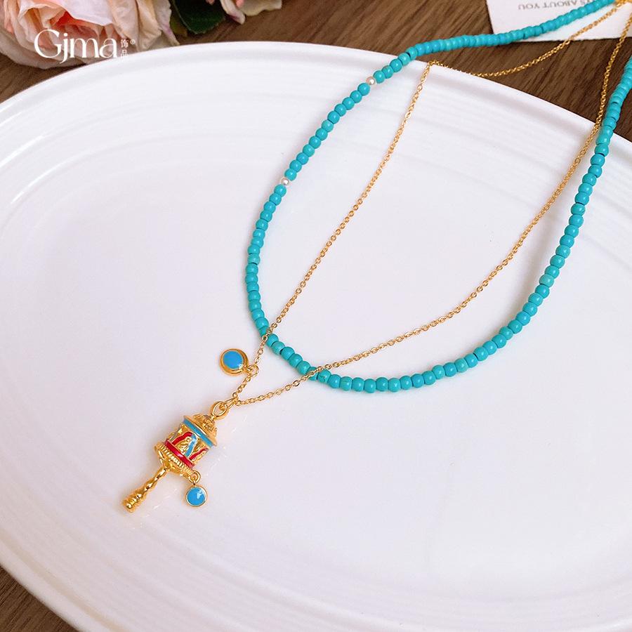 Retro ethnic style turquoise beaded rattle necklace collarbone chain design sense niche item decoration