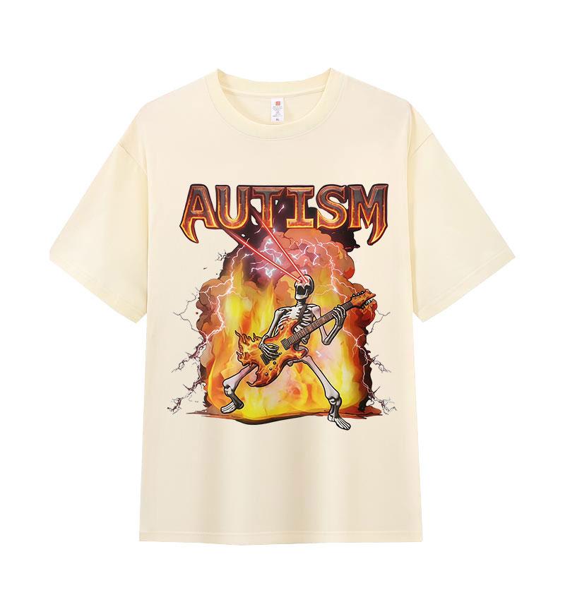 Autism Skeleton Fire Funny Neurodivergent Graphic Tshirt Unisex Women Retro Oversized Tshirts Summer ONeck Short Sleeve T Shirts