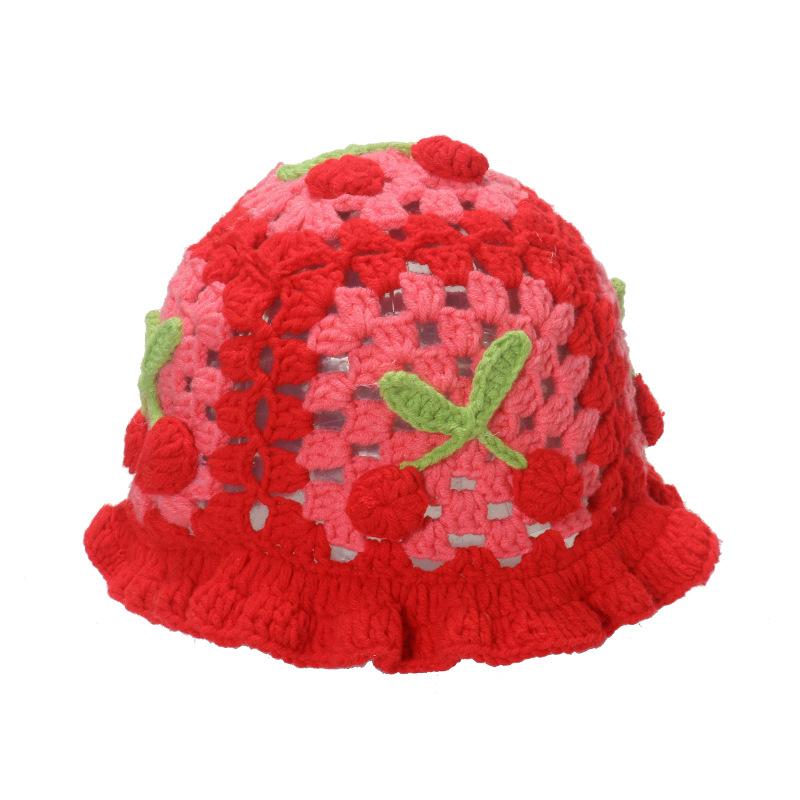 Style Versatile Hat Sweet Cherry Hollow Womens Knitted Fishermans Hatscaps