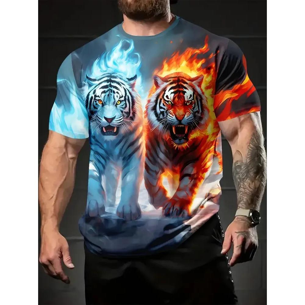 Summer Men's Fun Animal Creative 3D Printed Round Neck Short Sleeve T-shirt Fashionable Comfortable Loose Large Breathable Sports Leisure T-shirt