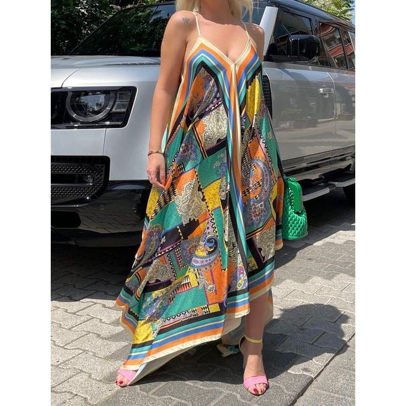 Foreign Trade Retro Personality Elegant Production Loose Sling Exquisite Print Irregular Vacation Smooth Fabric Dress