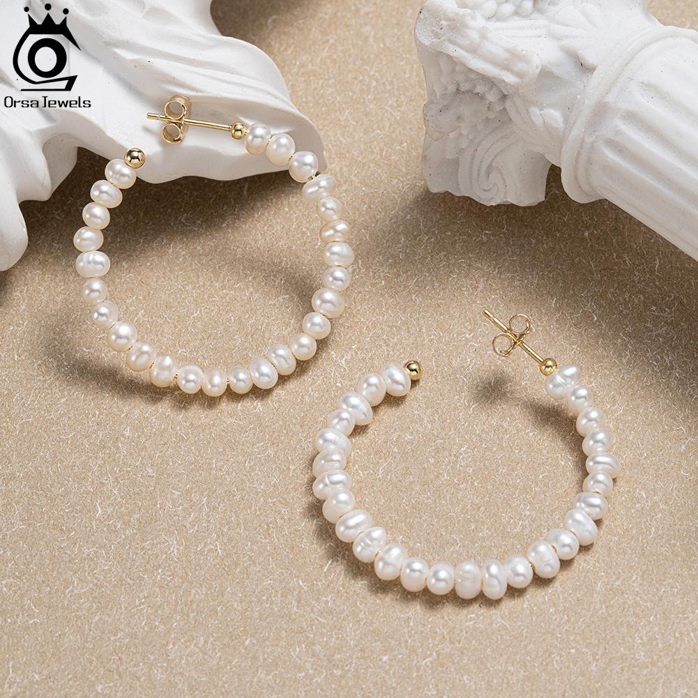 ORSA JEWELS Natural Pearl Hoop Earrings Gold Plated Large Circle Round Pearl Beads Earrings Jewelry Birthday Gift Women GPE69