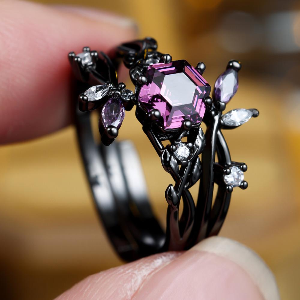 Retro Black Ring Set for Women Purple Hexagonal Zircon Finger Ring Wedding Bands Engagement Jewelry Gift