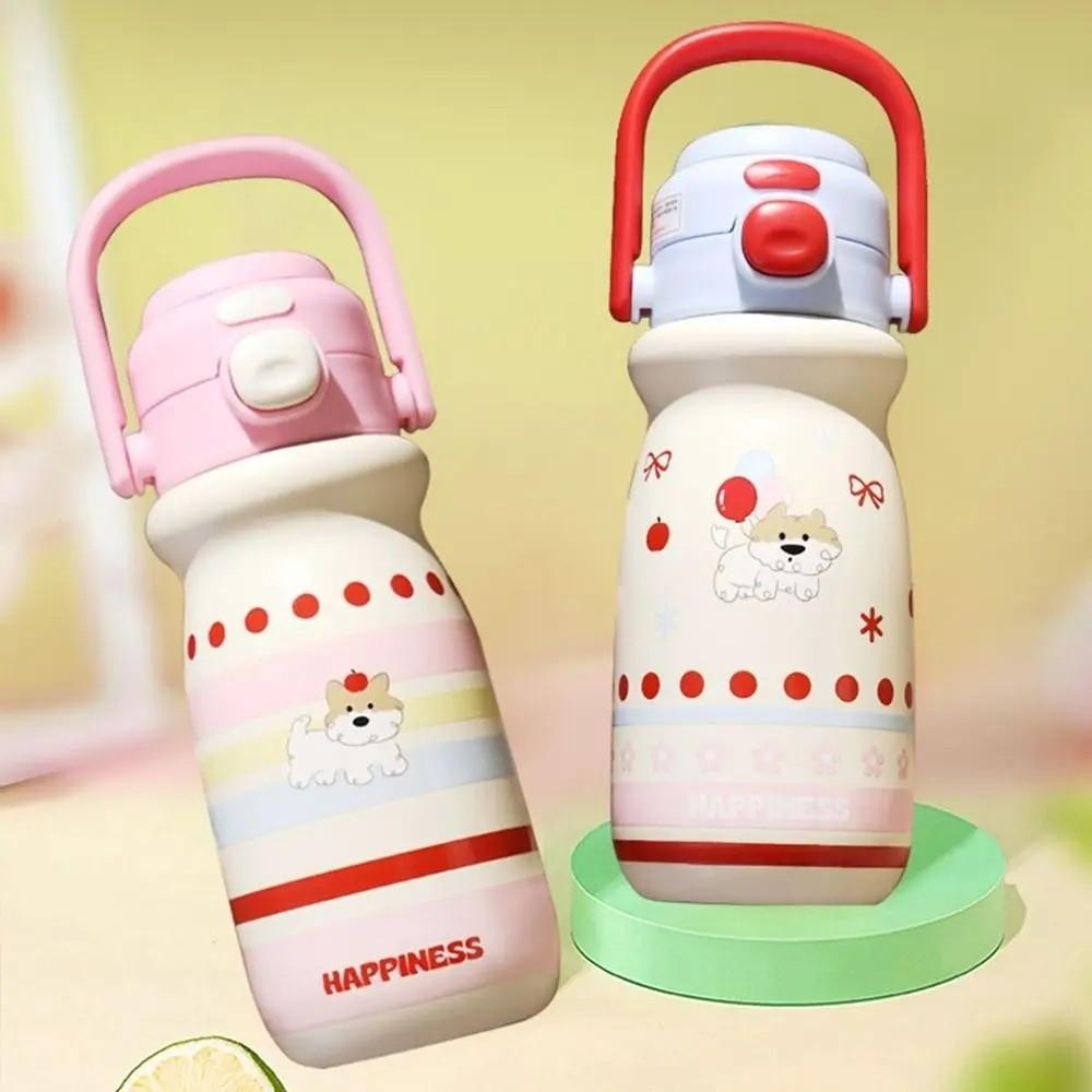 520ml Cartoon Straw Cup with Handle Vacuum-insulated Bottle Cute Puppy Bounce Insulated Cup Sports