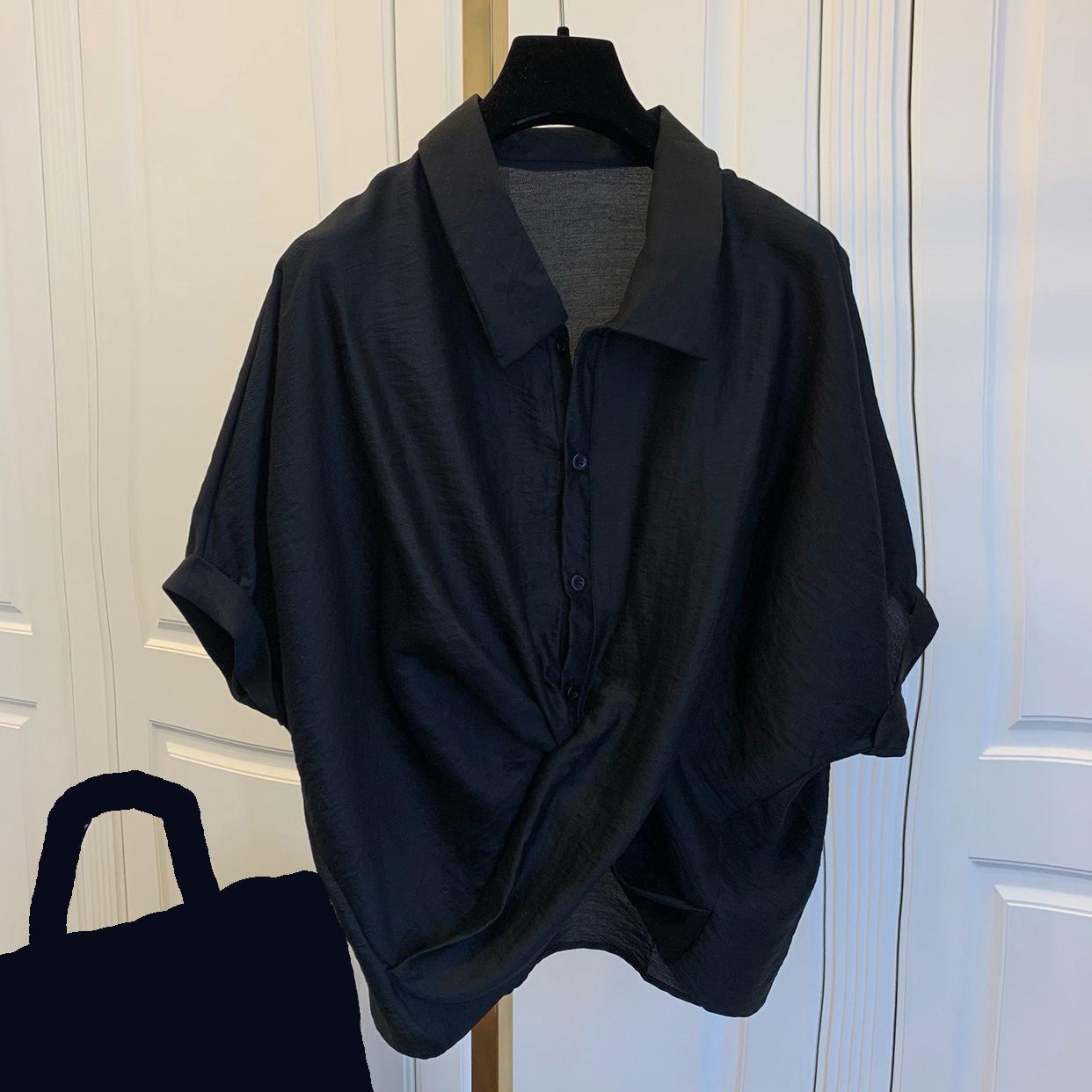 

Корейская летняя свободная повседневная рубашка с перекрестными натуральными складками и короткими рукавами для женщин XS чёрный