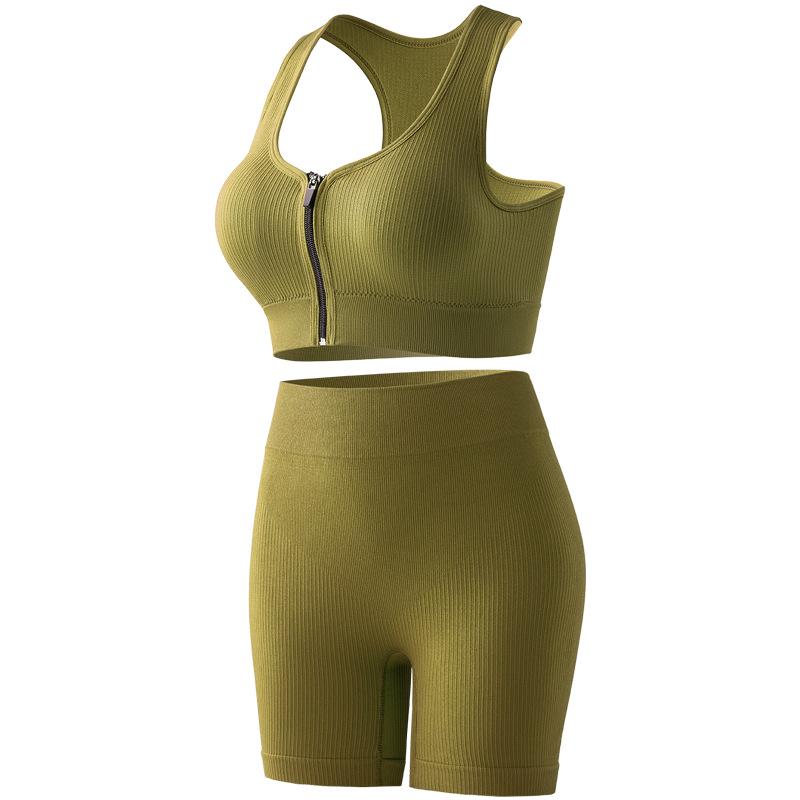Women s Ribbed Seamless Fitness Suit: Short Sleeve T-Shirt & Shorts Yoga Set One Size зелёный