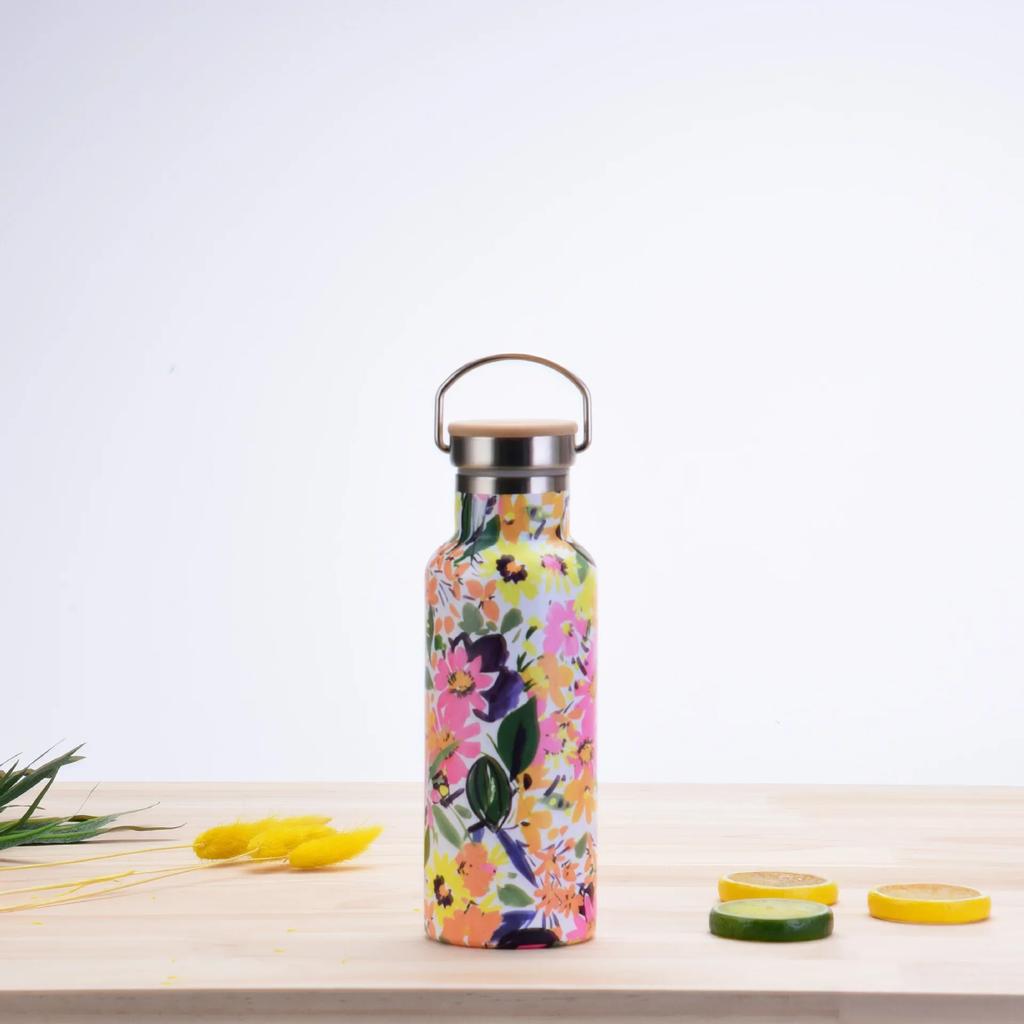 500ML Sports THERMOS CUP With Handle,Bamboo Lid,Printed Drinkware,Stainless Steel Vacuum Flasks,Camping And Gym Water Bottle