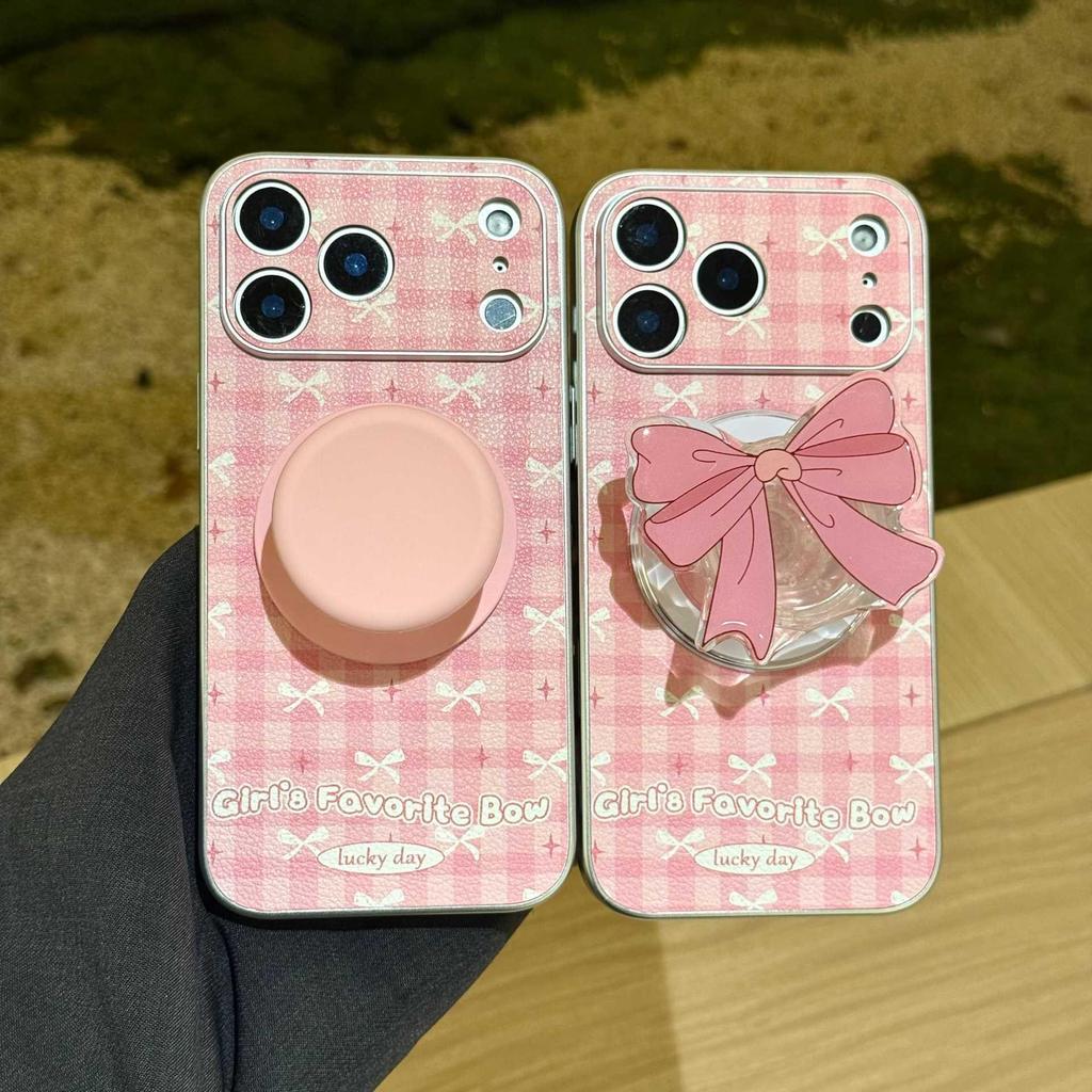 Pink Plaid Bow Magnetic Stand iPhone Case for Models 14, 15 Pro Max, 16, and Apple 17