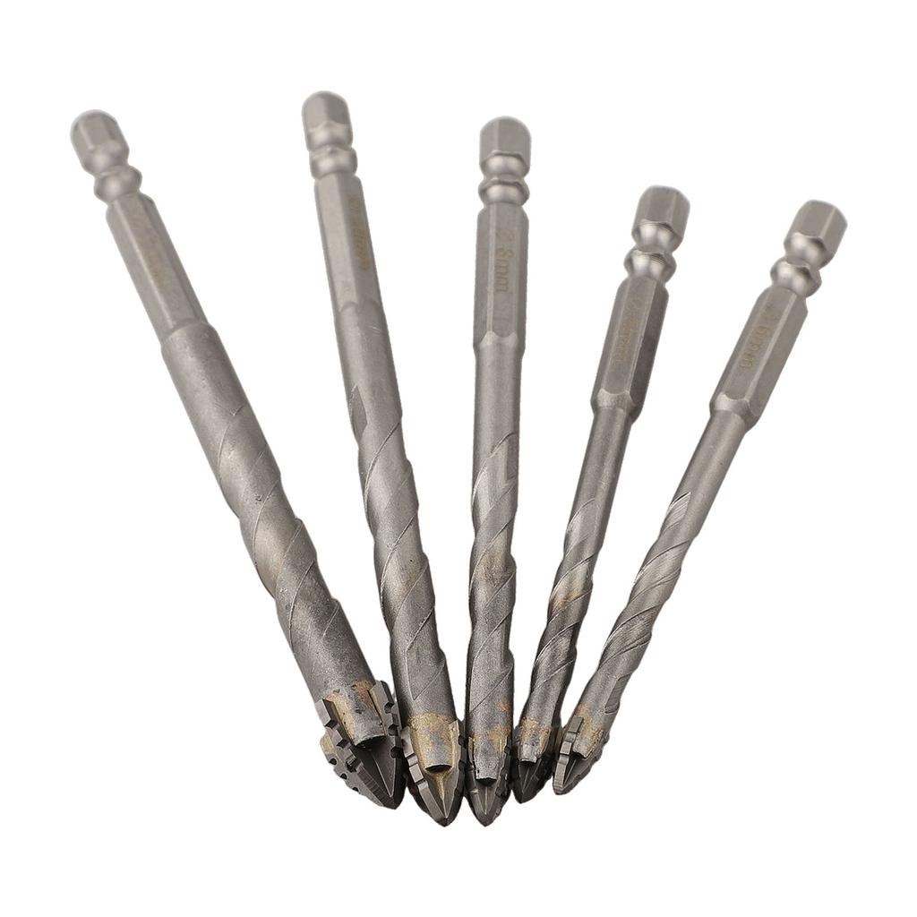 5pcs Drill Bit Set Four-Flute Eccentric Drill Drilling Glass Tile Punching Triangle 5/6/8/10/12mm 1/4 Inch Shrank Drill Bit Tool
