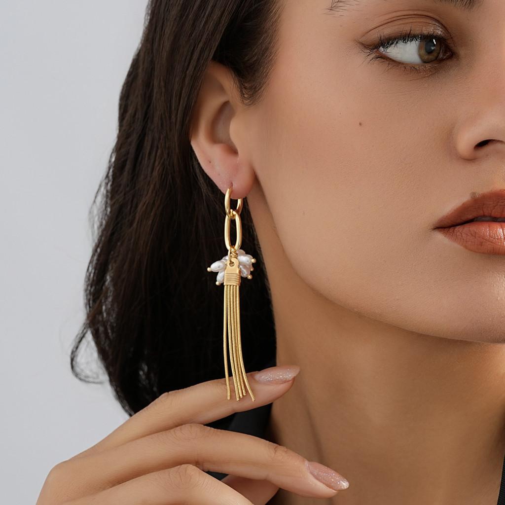 Modern Geometric Tassel Earrings For Women Simple Pearl Gold Design