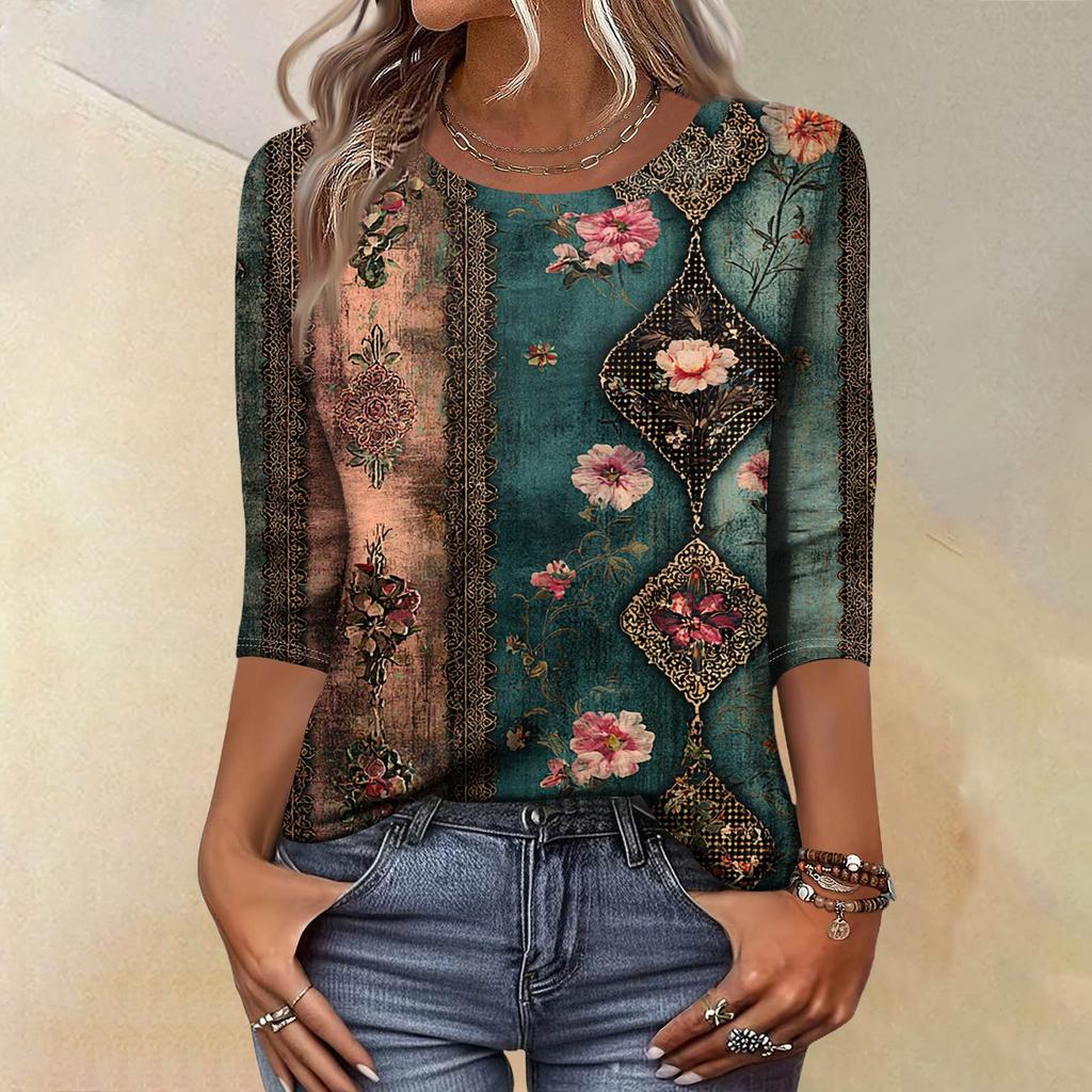 Trendy Vintage 3/4 Sleeve Top For Women ,Ladies Casual Three Quarter Sleeve Round Collar Printed T-Shirt Blouse