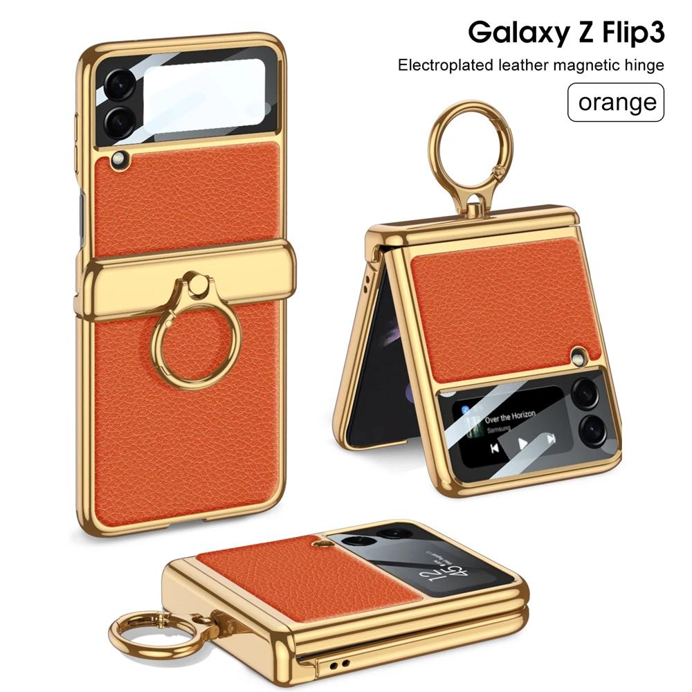 

For Samsung Galaxy Z Flip 3 4 5 6 Case Ultra-thin Screen Protection Coque Fundas Luxury Leather With Ring Plating Magnetic Cover For Galaxy Z Flip 4 помаранчевий