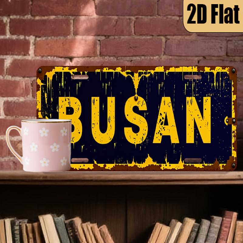 

D Flat Printing Vintage Distressed Navy Yellow BUSAN Korean City Aluminum Tin Painting License Plate Shape South Korean Tr 15x30cm(5.9x7.8inch)