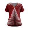 Women's Christmas Print V-Neck Short Sleeve Top with Double Pockets and Side Slits