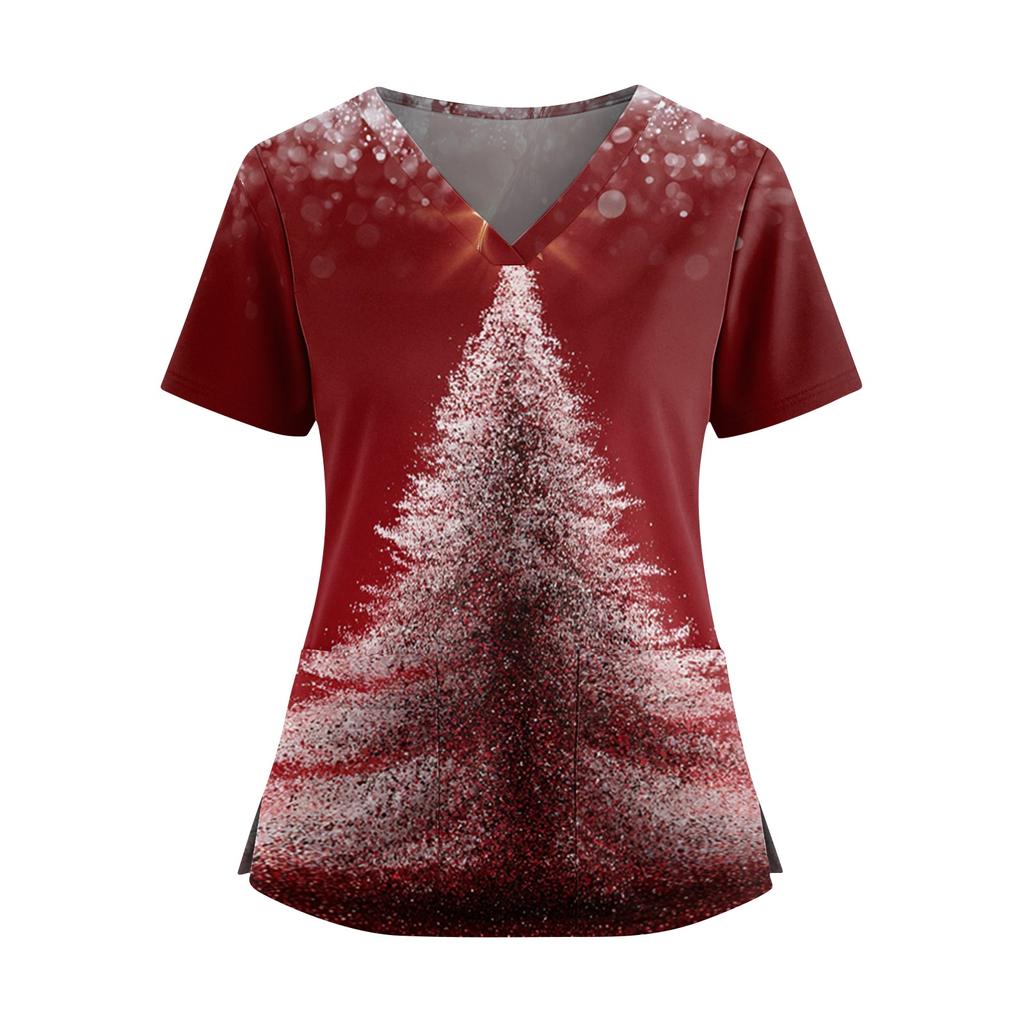 Women's Christmas Print V-Neck Short Sleeve Top with Double Pockets and Side Slits