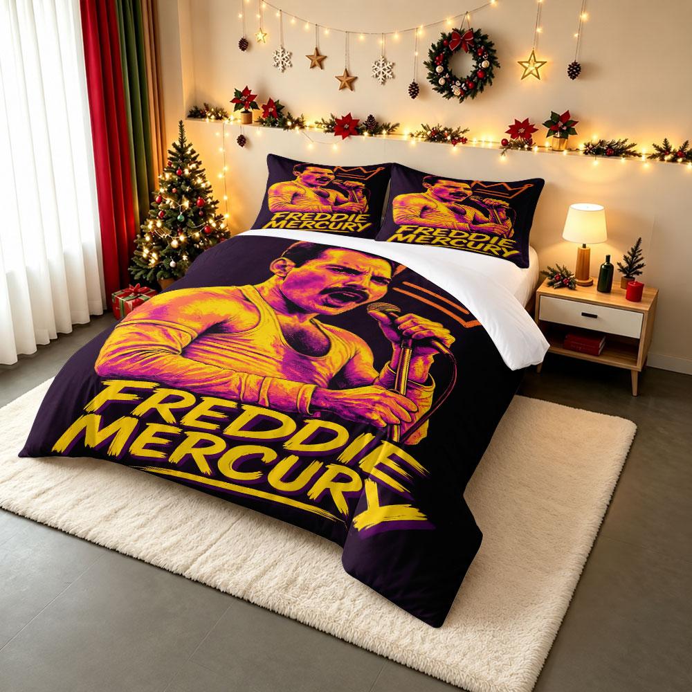 Freddie Mercury Neon Yellow Pink Bedding Set, Queen Crown Singer Duvet Cover Set