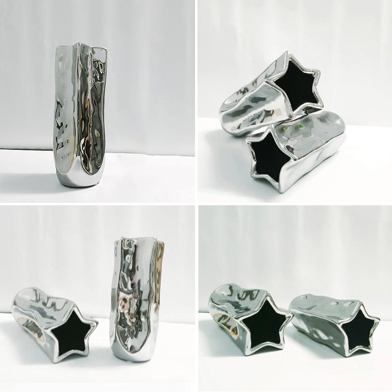 1ks Keramická interiérová umělecká dekorace Váza Luxusní galvanizovaná stříbrná Kreativní aranžování květin Hydroponická Nepravidelný porcelán