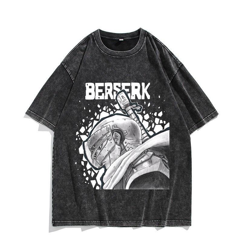 Retro Vyprané Pánské Tričko s Krátkým Rukávem Berserk Anime Bojovník