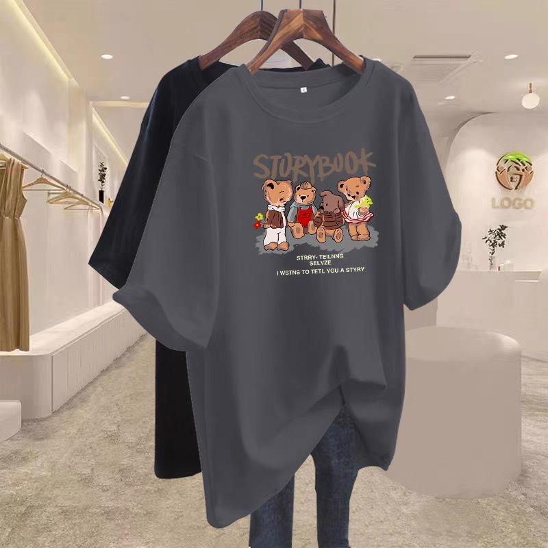 Brown Pure Cotton with Long Cartoon Short-sleeved T-shirt for Women's 2025 Early Spring New Large-size Loose Top