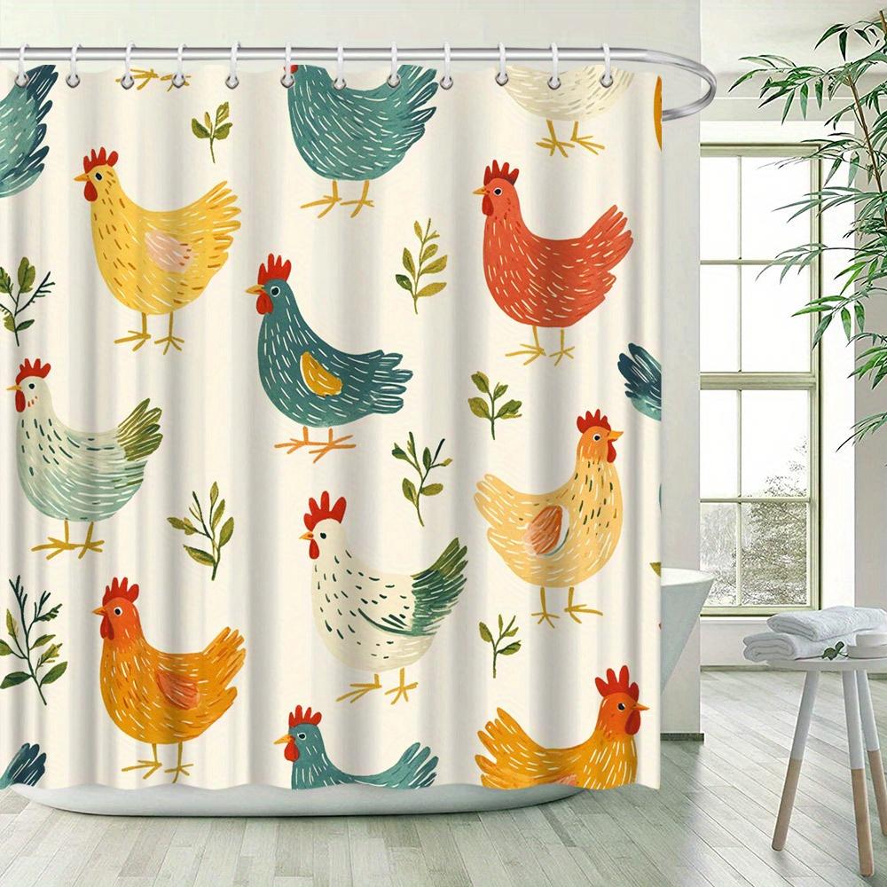 "Whimsical Chickens & Flowers Shower Curtain - Playful Farmhouse Design, Vibrant Cream Background, Waterproof Polyester