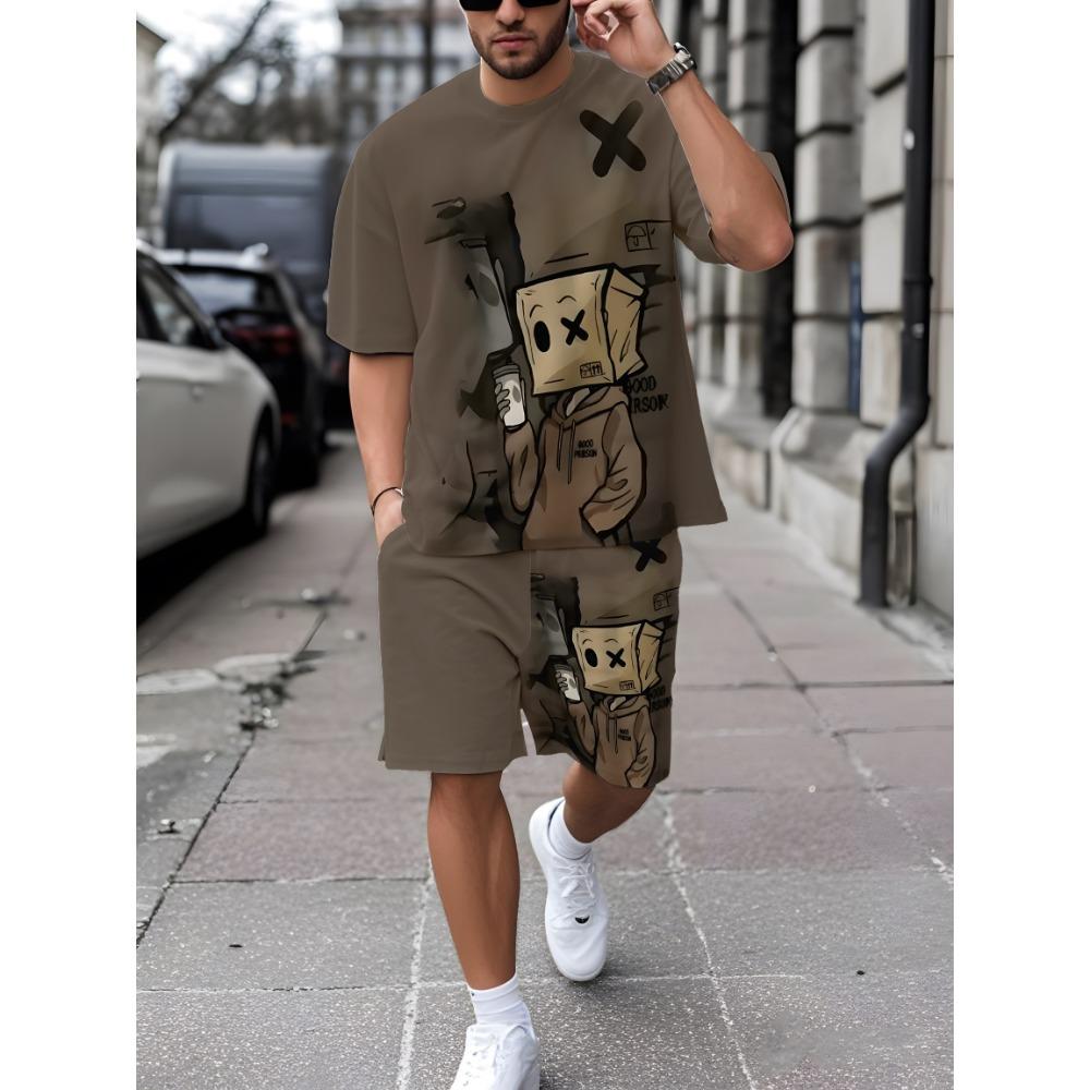 Summer Men's Fashion Casual Sports Set Loose-Fit Trendy Doll Graffiti Print Crew Neck Short Sleeve Two-Piece Set with Shorts