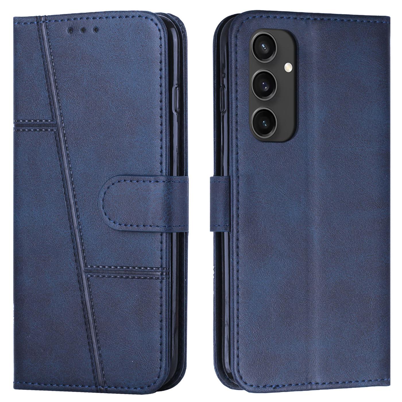 

Для Samsung Galaxy S24 FE Чехол Кожаный Чехол для Телефона Подставка Слоты для Карт Ремешок на Запястье Sapphire