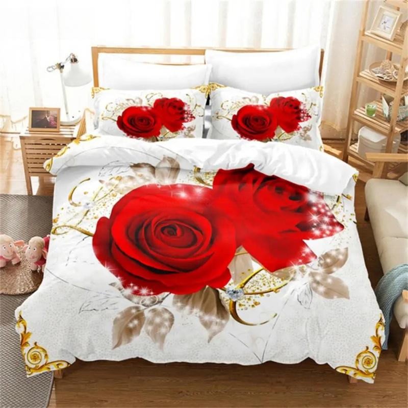 Red Rose Flowers Bedding Set Fashion Duvet Cover Gift For Women Girls Twin Single Queen King Full Size Polyester Duvet Cover Set