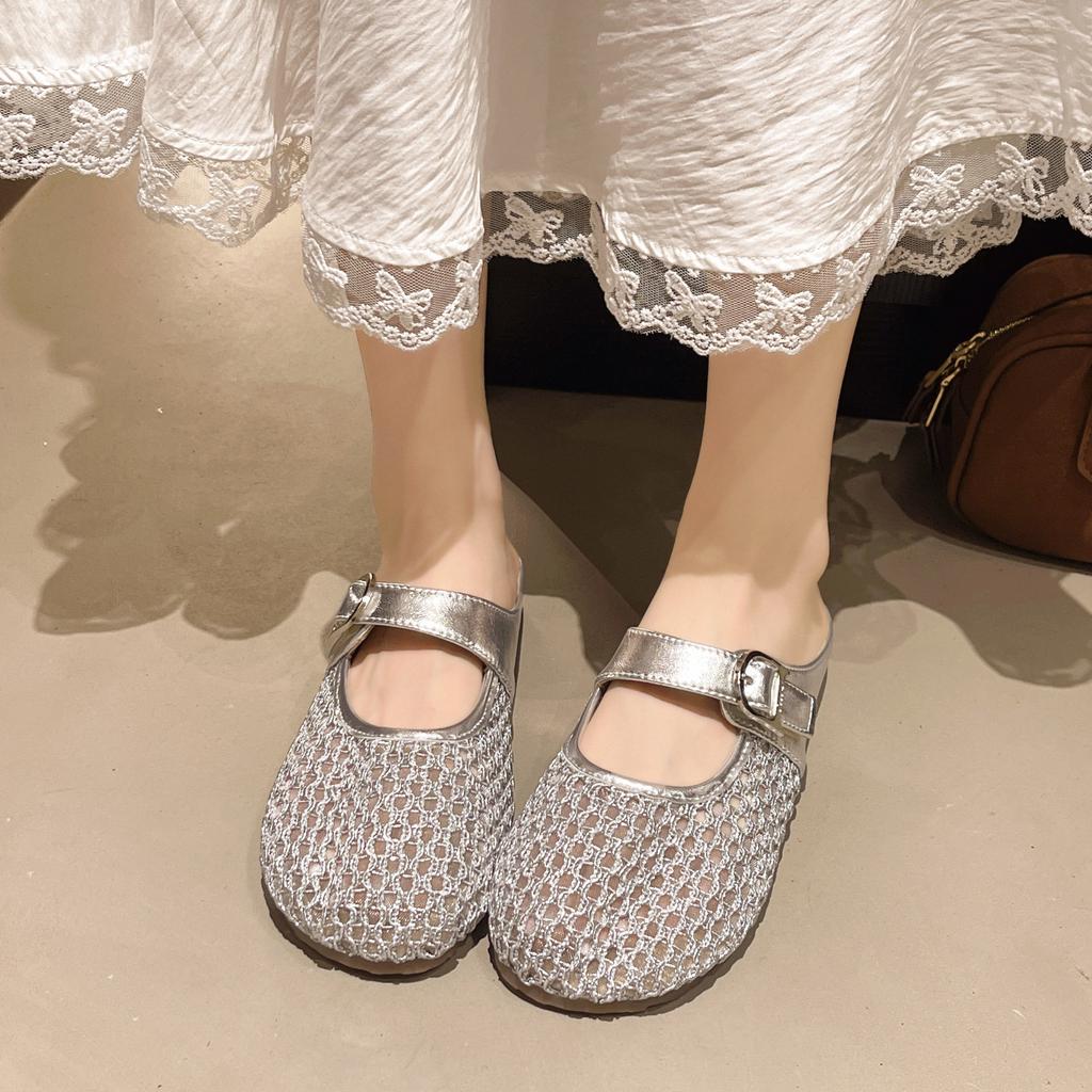 Hollow woven bag head half slippers women's outer wear 2025 summer new soft bottom breathable lazy casual cool slippers