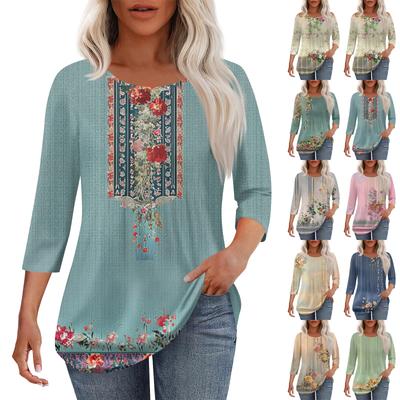 Women's Fashion Casual Pleated Round Neck Casual Printed Three-quarter Sleeve T-shirt Top