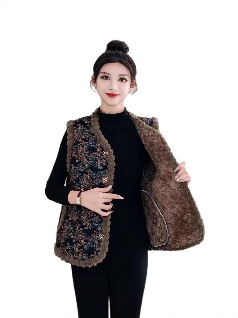 Camel Floral Fleece-Lined Tassel Vest: Versatile Spring & Autumn Wear for Middle-Aged and Elderly