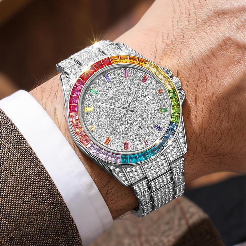 Luxury Gold Iced Out Men's Quartz Watch Rainbow Bezel Full Diamond Dial Hip Hop Bling Wristwatch for Men