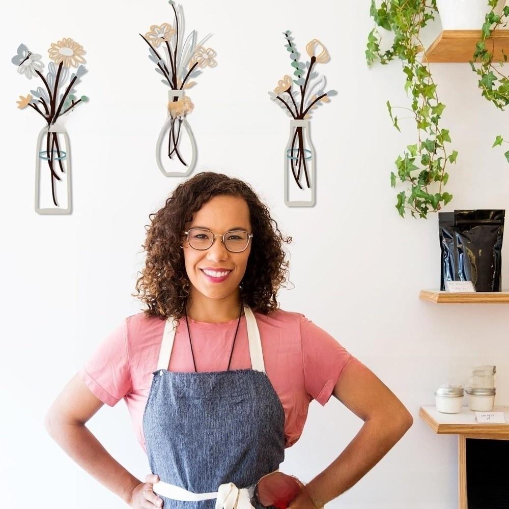 3 Pieces Set Vase Design Floral Decor 3D Wall Stickers Wall Decor Metal Flowers Wall Art  Bathroom