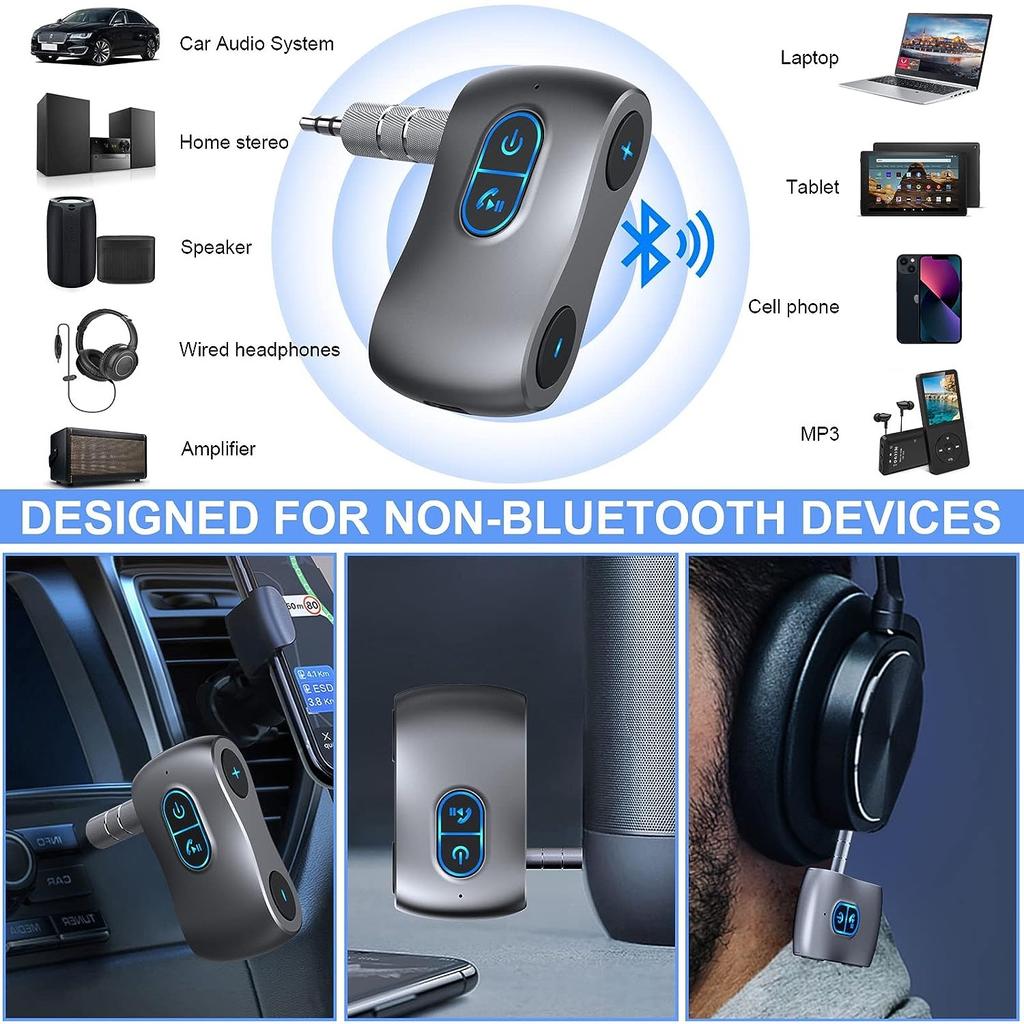 Wireless 5.0 Aux Bluetooth Adapter Car with Hands-Free Calls,Supports TF Card,Dual Connection,Receiver for Car,Headphones and Home Stereo Systems