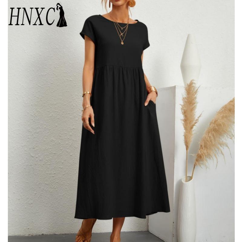 HNXC Women's Fashion Summer Spring Solid Color Print O-Neck High Waist Casual Dresses