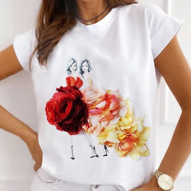 Módní kreativní 3D Rose Flower Grafika Dámské Tričko Letní halenka 90S Volný Trička s krátkým rukávem Bílý výstřih do O Dámské topy Oblečení