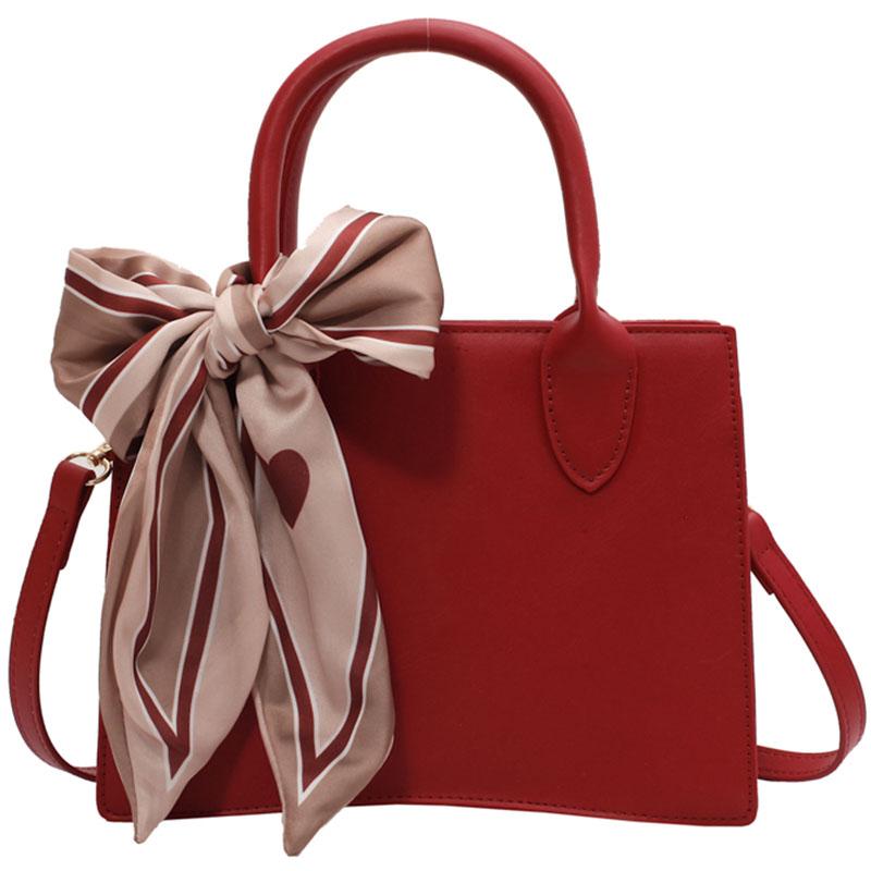 Red Women Wedding Handbag Large Capacity Scarves Decor Pu Leather Female Crossbody Bag High Grade Textured One Shoulder Bag